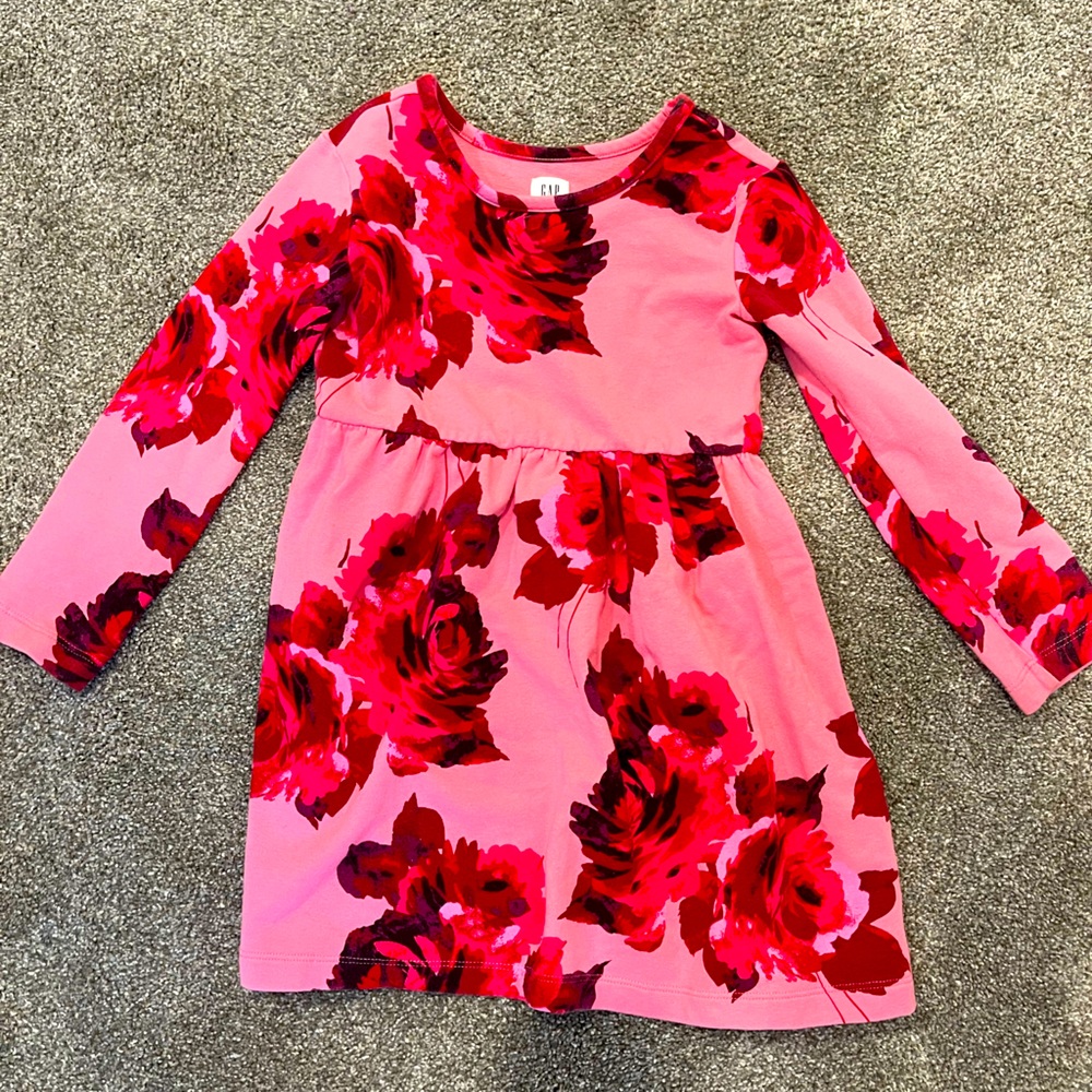 GAP kids girls’ pink dress red flowers.  Size 4-5.  Gently used.